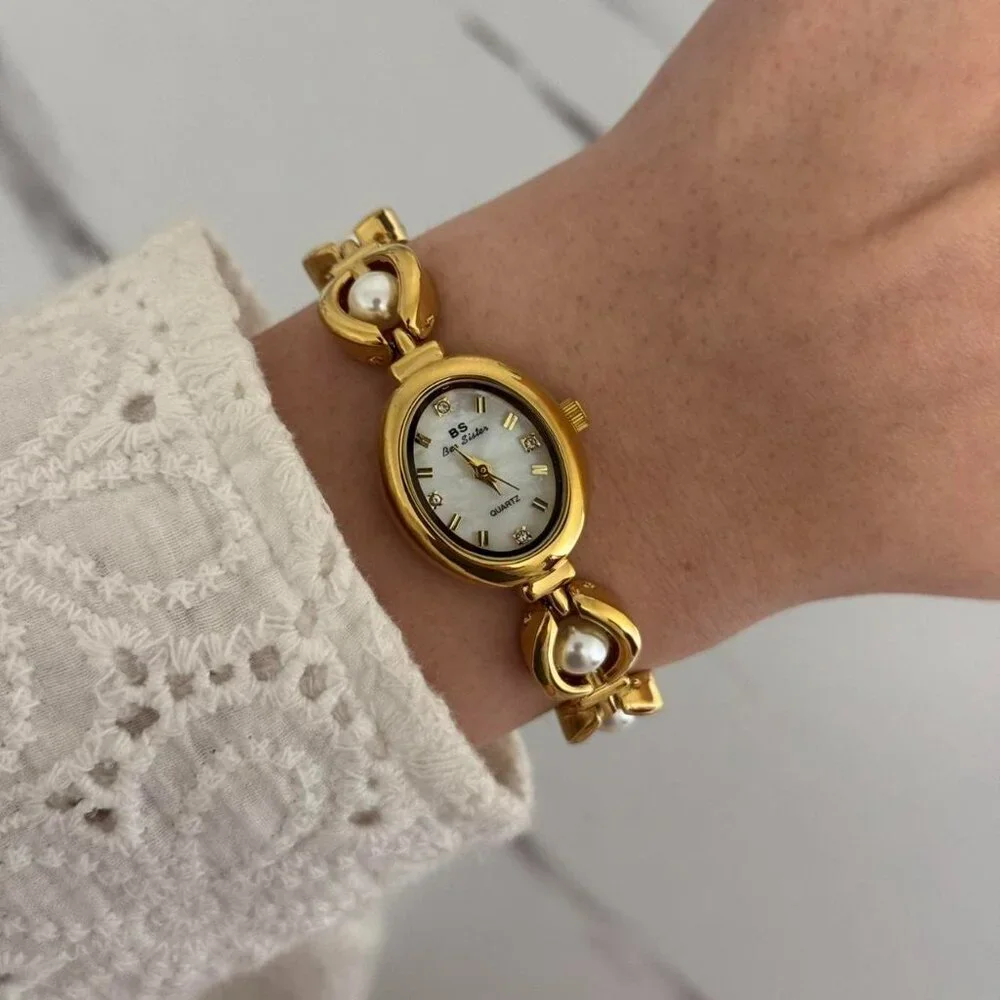 Sku0312‎ Retro Gold White Pearl Gemstones Women Vintage Watch Bracelet +gift bag
